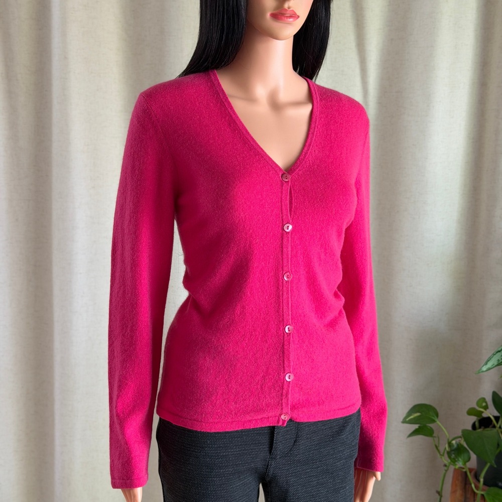 Vtg 90s Hot Pink 100% Cashmere Cardigan V-Neck Button Front 2-Ply M Barbiecore